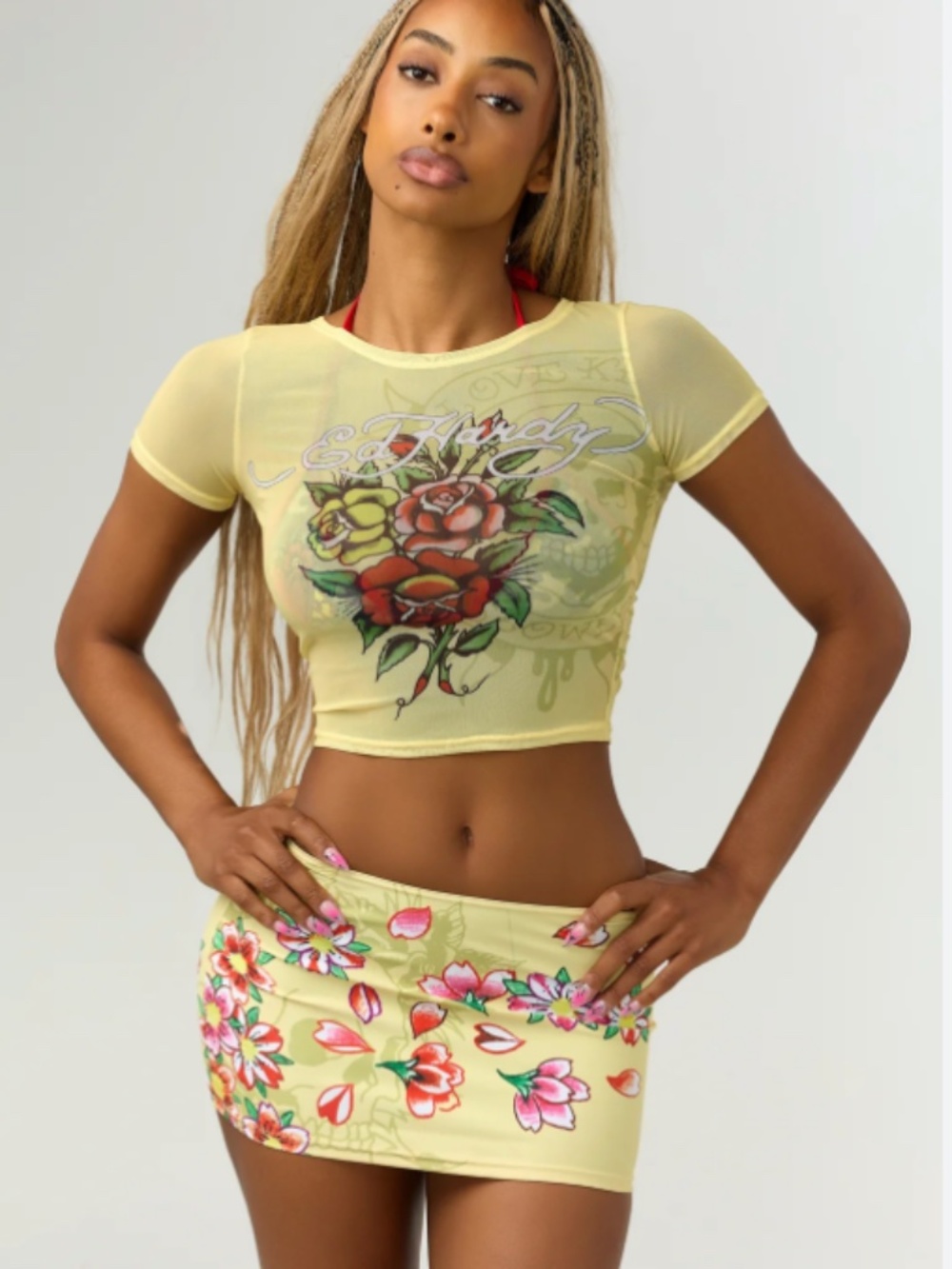 Ed Hardy Small S yellow rose mesh swim skirt shirt top nwt